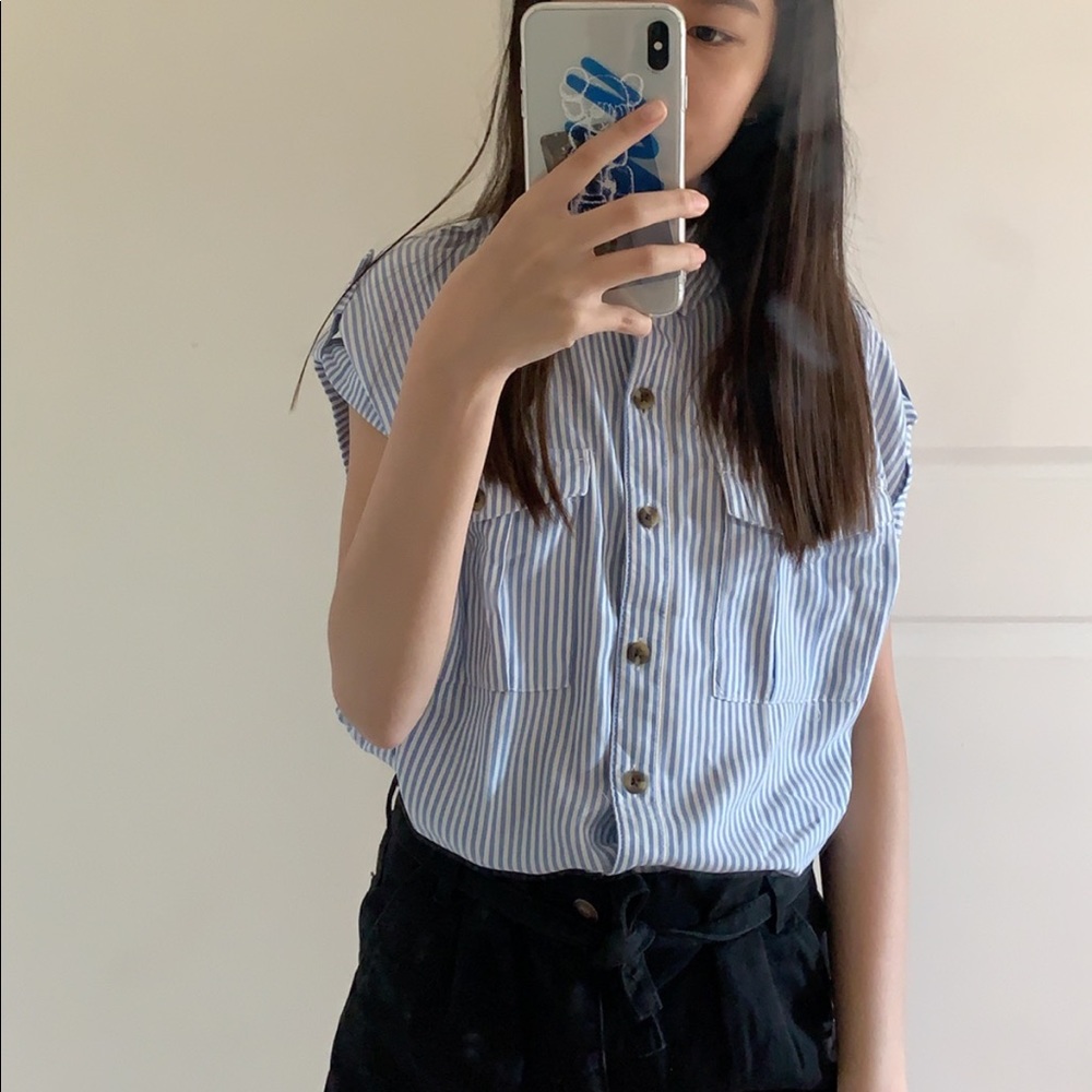 button up blue striped top